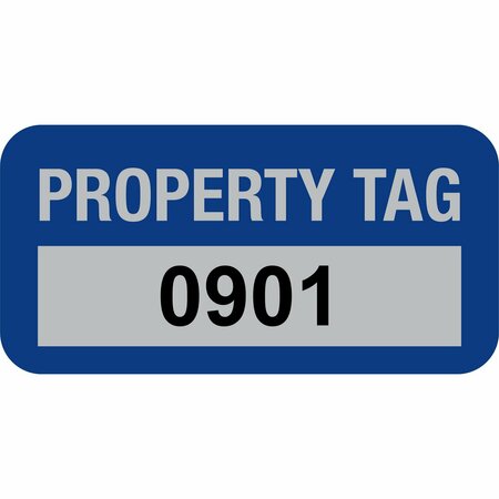 LUSTRE-CAL Property ID Label PROPERTY TAG5 Alum Dark Blue 1.50in x 0.75in  Serialized 0901-1000, 100PK 253769Ma1Bd0901